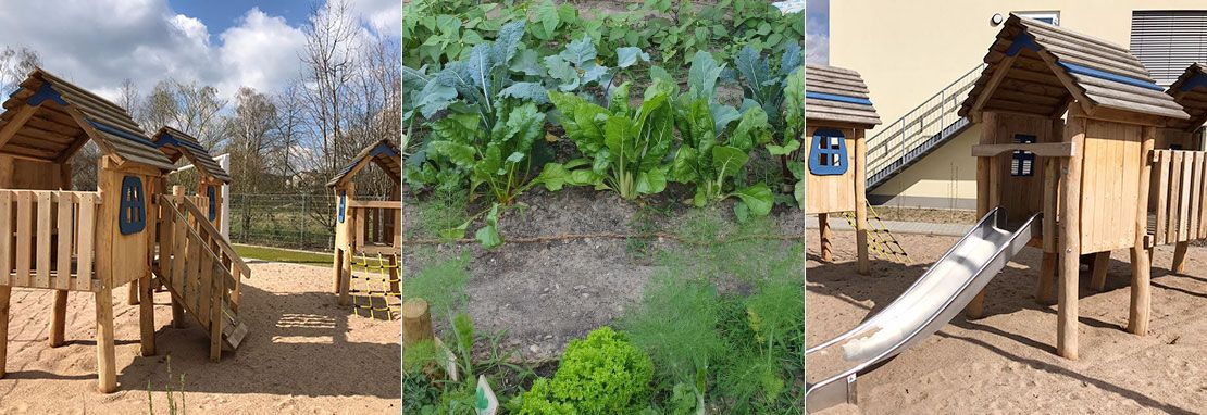 Außengelände der Kita Swimmy mit Spielgeräten und Gemüsebeet